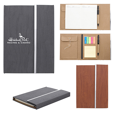 31266 - 5" X 7" Woodgrain Padfolio With Sticky Notes And Flags