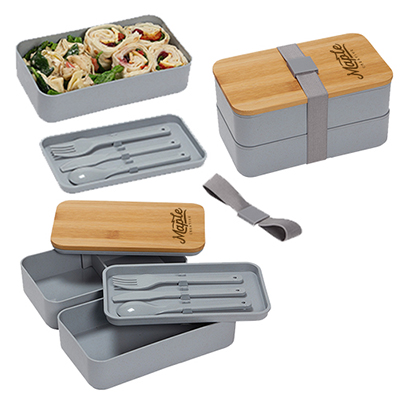 35837 - Double Decker Lunch Box with Bamboo Lid & Utensils