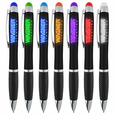 Custom Laser-Engraved Metal Ballpoint Stylus Pens With Illuminated Engraving & Soft Glowing Silicone Grip Stylus Tip Works with All Touchscreen Devices. Available in 5 Colors